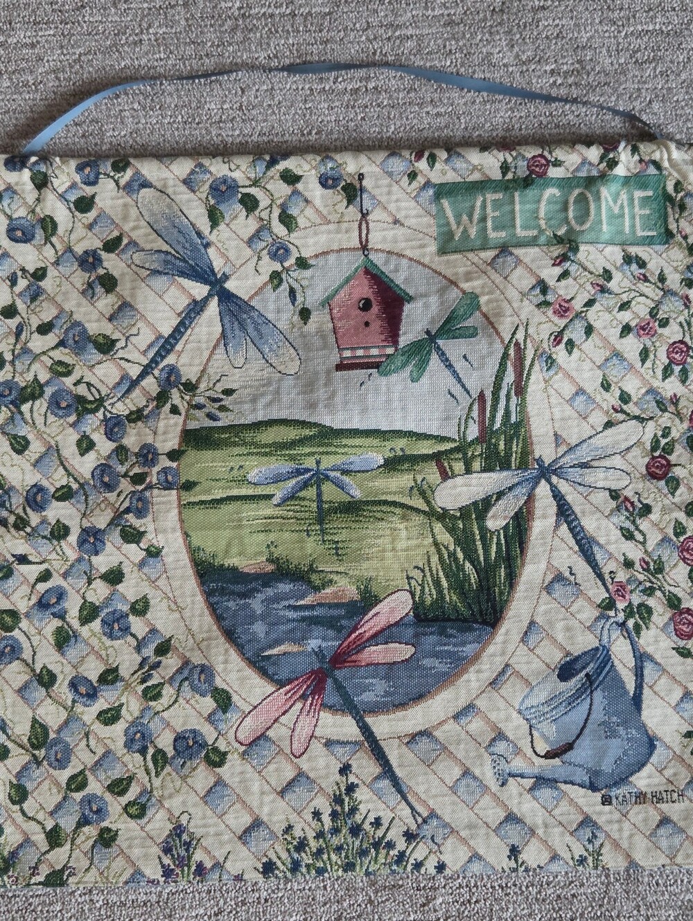 Kathy Hatch 90s Welcome Dragonfly Lattice Tapestry Wall Hanging